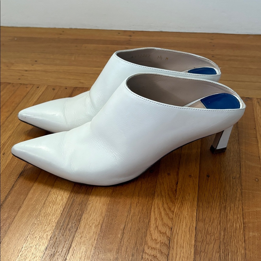 Stuart Weitzman White Pointed-Toe Leather Mule Heels Sz 7.5